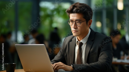  A focused businessman in glasses works diligently on a laptop in a bustling cafe, surrounded by blurred background activity. © DigitalArt