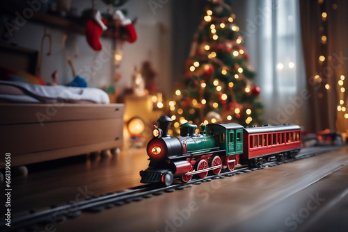 toy vintage steam locomotive on the floor under a decorated Christmas tree against the backdrop of a garland of bokeh lights.