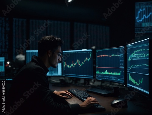 man in front of computer screens, analyzing charts in a day trade © Cristian