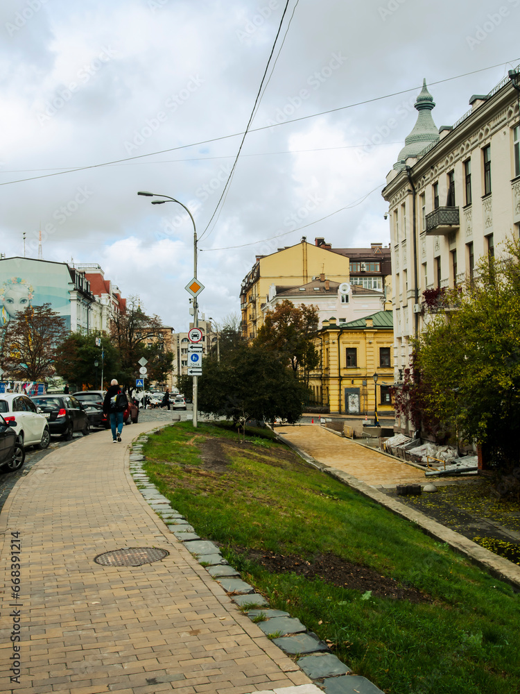 Downtown of Kyiv, Ukraine in autumn. Views of historic architecture and landscape, nature of Kyiv. Old streets and buildings of the city center.