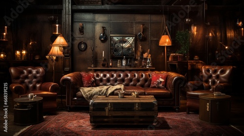 a vintage speakeasy with a worn leather sofa, transporting patrons to the glamour of the Roaring Twenties photo
