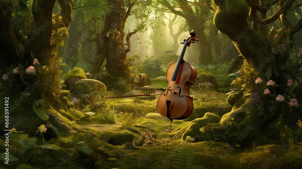 a whimsical forest glade where a cello becomes part of the natural landscape, its strings intertwining with the melodies of the wind and leaves