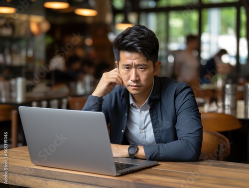 An introspective man, in a semi-formal attire, ponders deeply while seated at a cafe table with his laptop in front of him.