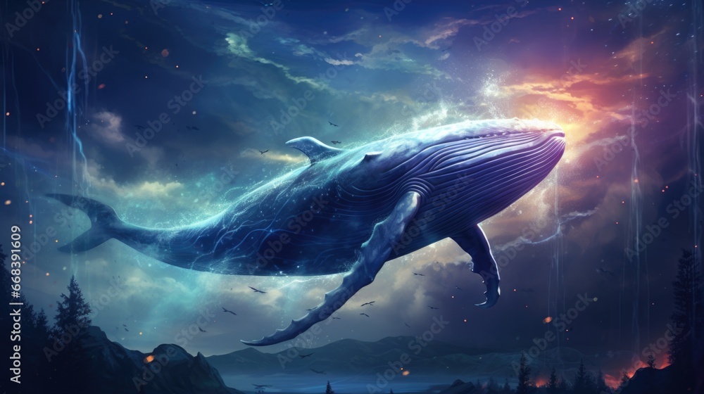 Fototapeta premium A blue whale is flying through the sky