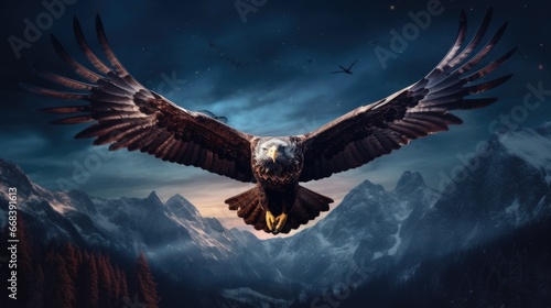 A large eagle flying over a mountain range