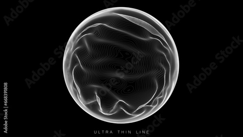 Ultra thin line fluid geometry. Dynamic vector distorted spheres.