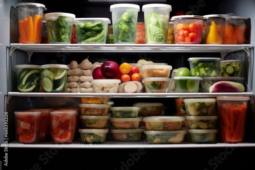 Well-organized fridge filled with containers of balanced, prepped meals ready for the fasting period. Generative Ai photo