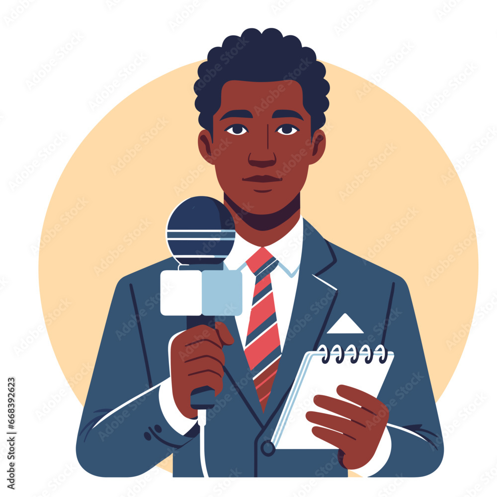 Man conducting a celebrity interview as a journalist. Hand-drawn vector artistic representation, vector illustration, holding a clipboard, vector illustration, flat design Man conducting a celebrity interview as a journalist. Hand-drawn vector artistic representation, vector illustration, holding a clipboard, vector illustration, flat design