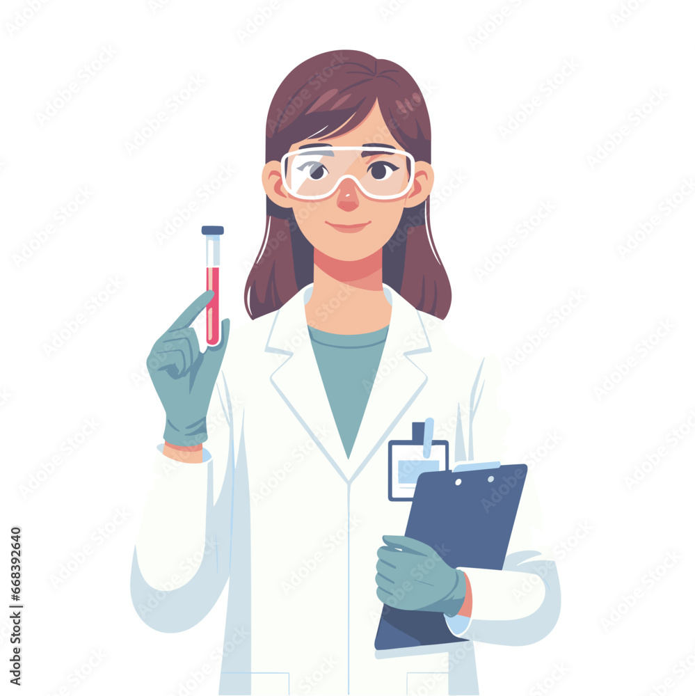 Chemist, Clinician, Scientist woman is holding a vial of blood in her hand and a clipboard under her arm, professional, working, industry, medical, clinic, lab, health concept, vector Chemist, Clinician, Scientist woman is holding a vial of blood in her hand and a clipboard under her arm, professional, working, industry, medical, clinic, lab, health concept, vector