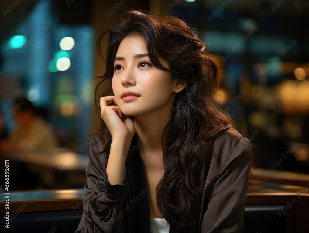A young woman gazes into the distance in a softly lit setting, her wavy hair cascading gracefully over her shoulders, embodying an air of contemplation.