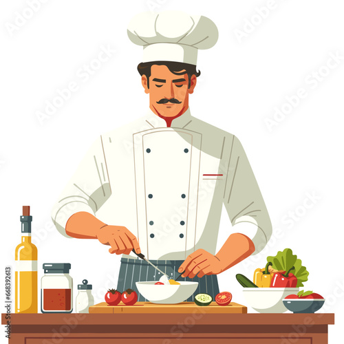 Handsome man cooking in the kitchen. Cartoon smiling character with apron. Modern flat design style illustration. Cooking concept, prepare dinner on white background