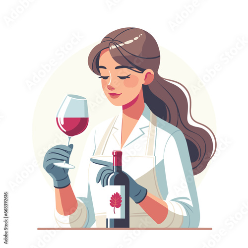 A woman is holding a glass of a red wine. A portrait of the Sommelier. Vector flat illustration, modern concept, winery, bottle of wine in the foreground, vector illustration