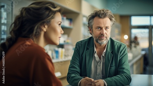Two individuals, a woman with her back partially turned and a middle-aged man with a beard, engage in a focused conversation with a pharmacist in a drug store, filled with ambient lighting