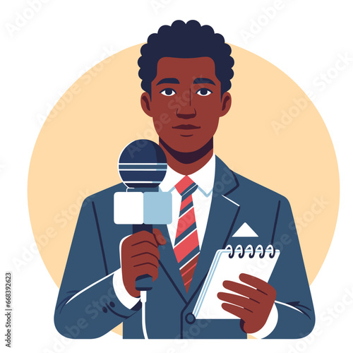 Man conducting a celebrity interview as a journalist. Hand-drawn vector artistic representation, vector illustration, holding a clipboard, vector illustration, flat design