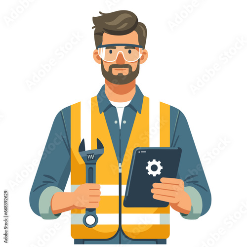 Man wearing safety equipment, personal protective equipment uniform, ppe vector illustration in work place, industry, industrial, civil engineering, engineer, authority, vector illustration