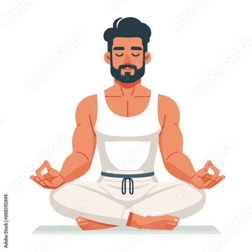A male meditation guru is meditating with his ankles crossed Man in Lotus position. Embodying a health-conscious lifestyle. Symbol for yoga studio. Flexibility pose. Serene and peaceful Lotus stance. 