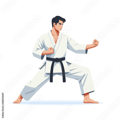 Taekwondo, karate action, karate dojo character, black belt, dojang, student, tournament, fighting stance, martial arts vector illustration