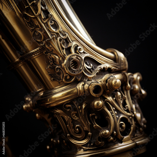 Fotografia de primer plano con detalle de pieza metalica ornamental y reflejos de luz sobre fondo de color negro