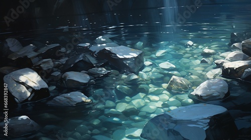 an abstract arrangement of stones underwater, where their smooth surfaces are highlighted by the play of light and shadows beneath the surface