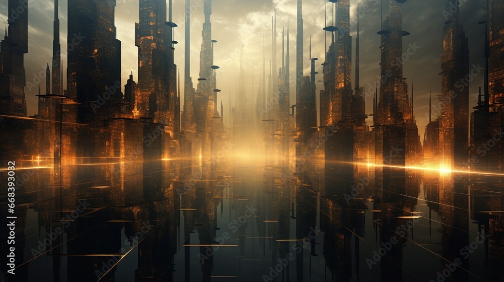 an abstract cityscape with towering, fractal skyscrapers that reach towards the heavens