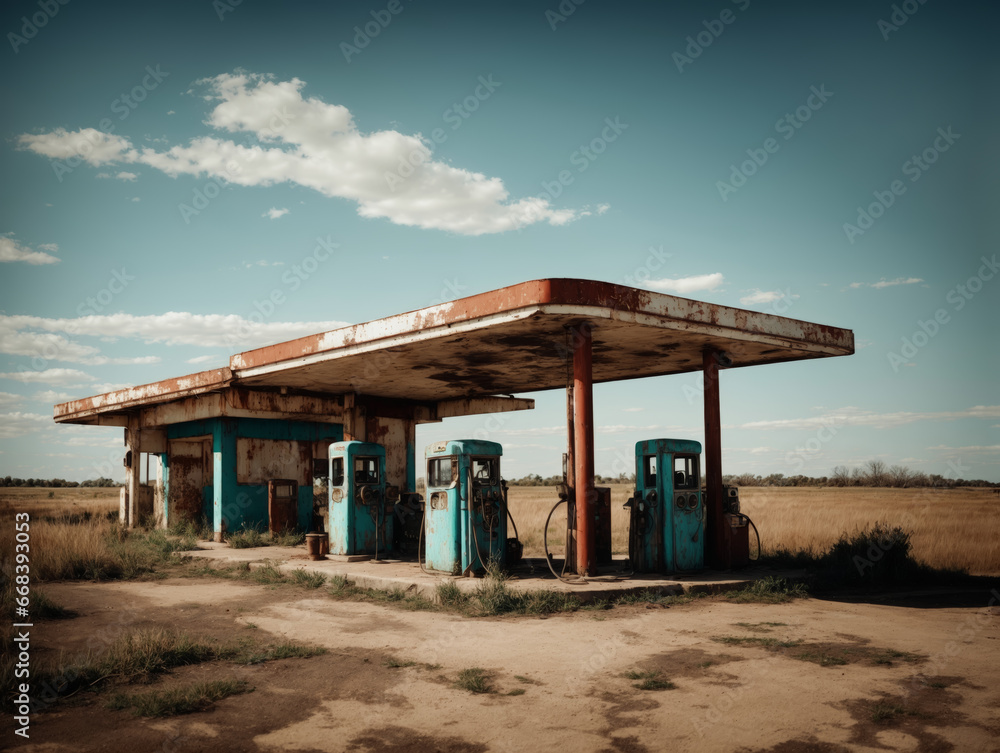 abandoned vintage gas station in the desert.
