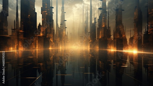 an abstract cityscape with towering  fractal skyscrapers that reach towards the heavens