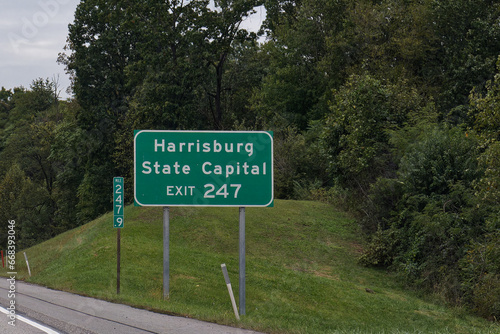 Exit 247 sign on I-76, Pennsylvania Turnpike for Harrisburg State Capital