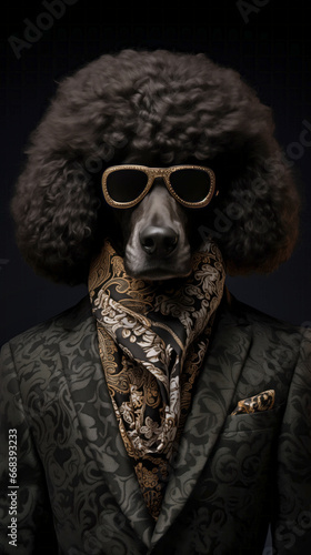 Dog, black poodle, dressed in an elegant suit with a nice scarf, wearing sunglasses. Fashion portrait of an anthropomorphic animal posing with a charismatic human attitude