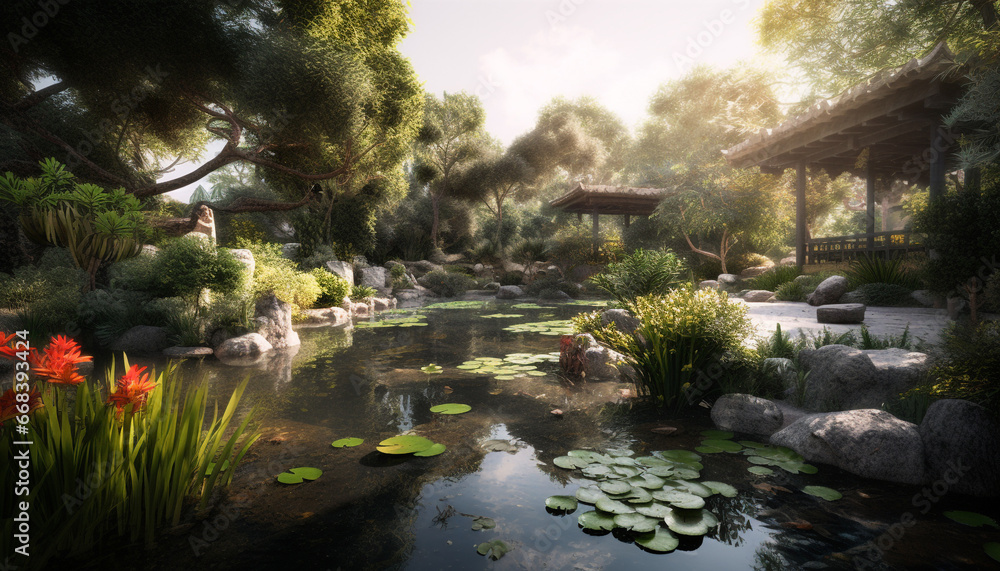 Tranquil pond reflects green landscape, blossoms in nature beauty generated by AI