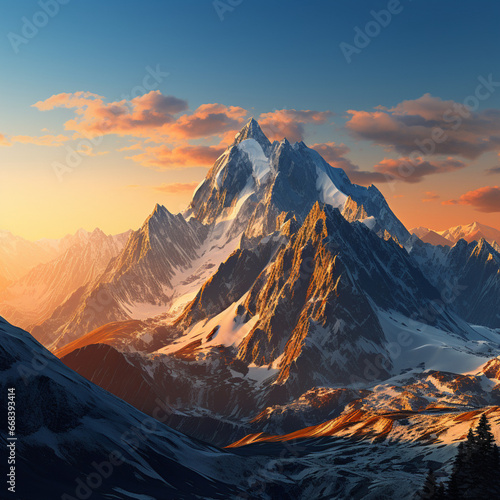 a virtual zoom background image of a stunning mountain scene at sunrise, in the color palette of blue and yellow