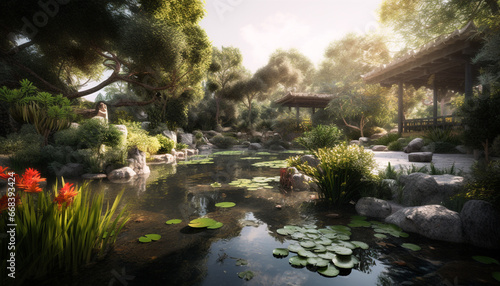 Tranquil pond reflects green landscape  blossoms in nature beauty generated by AI