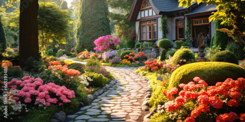 Upscale home garden with stone path  luxury landscape design of house backyard. Beautiful panorama of walkway  flowers  trimmed bushes and green plants. Concept of landscaping  nature