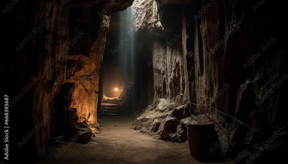 Spooky underground adventure reveals ancient mining ruins and illuminated stalactites generated by AI - obrazy, fototapety, plakaty 