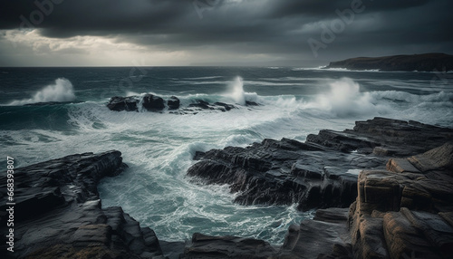 Dark cliff breaks against rough seas, dramatic sky in motion generated by AI