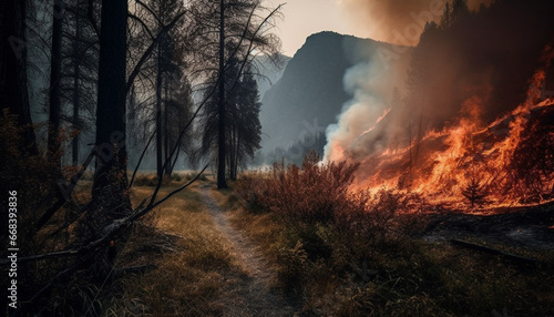 Burning forest fire damages natural environment  smoke fills the landscape generated by AI