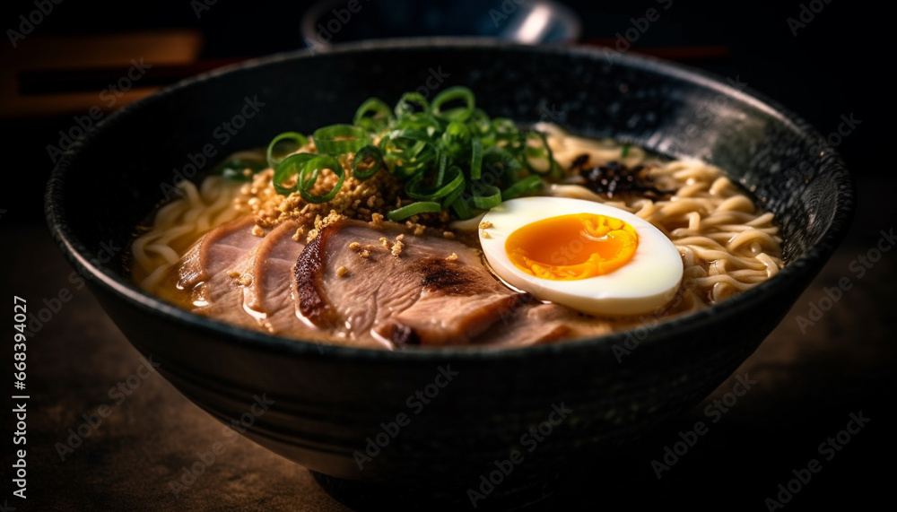 Healthy meal of pork and vegetable soup with ramen noodles generated by AI Healthy meal of pork and vegetable soup with ramen noodles generated by AI