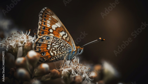 Vibrant butterfly wing spotted in nature tranquil beauty, close up generated by AI © Stockgiu