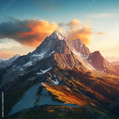 a virtual zoom background image of a stunning mountain scene at sunrise, in the color palette of blue and yellow