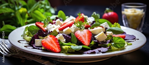 Delicious vegetarian salad with colorful lettuce strawberries and goat cheese on an orange tablecloth