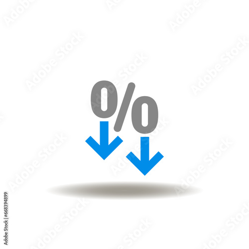 Vector illustration of percent and arrows down. Icon of low price. Symbol of fee reduce.