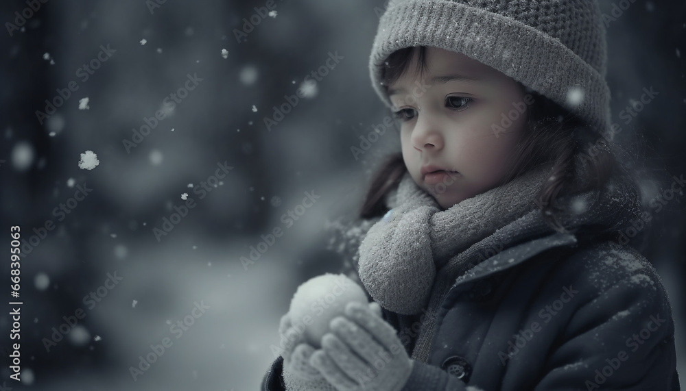A cute child smiles outdoors in winter, enjoying the snow generated by AI A cute child smiles outdoors in winter, enjoying the snow generated by AI
