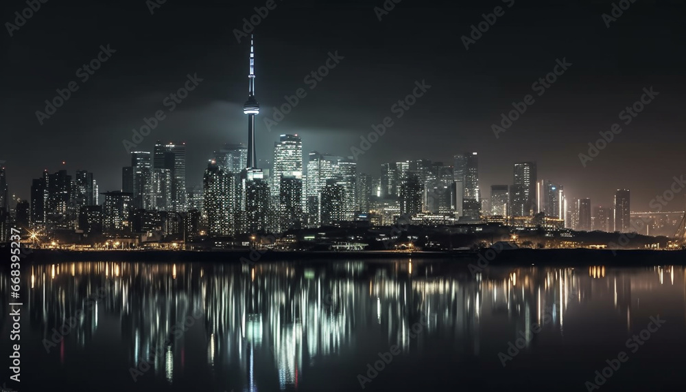 Modern city skyline reflects in glowing waterfront at dusk generated by AI