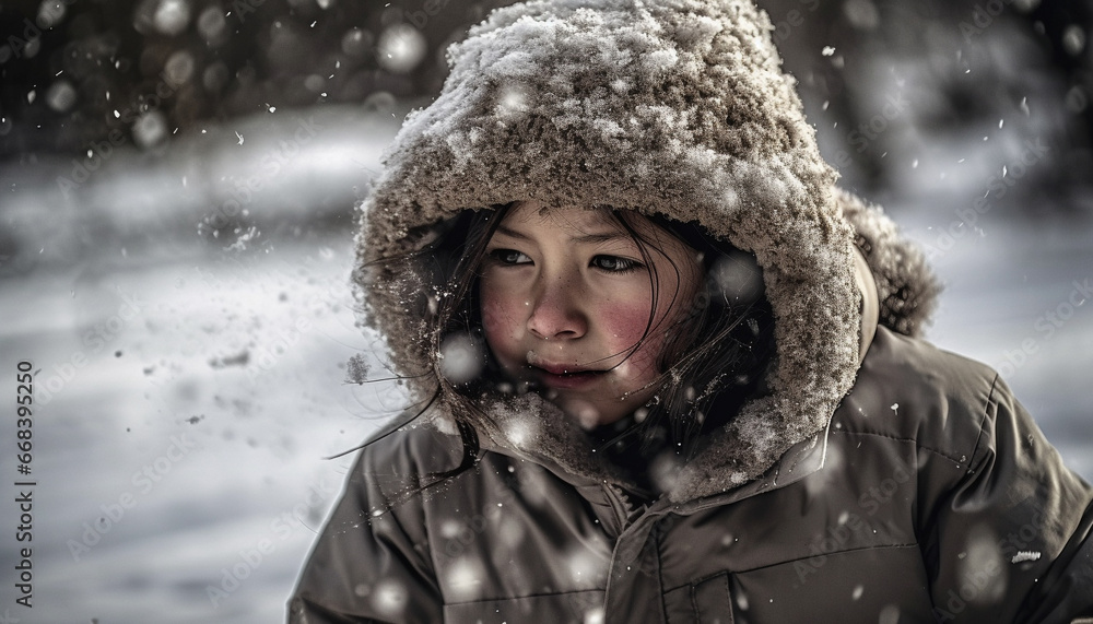 One young woman smiling, looking at camera in winter forest generated by AI One young woman smiling, looking at camera in winter forest generated by AI