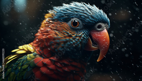 A vibrant blue macaw perched on a wet branch generated by AI © Jemastock