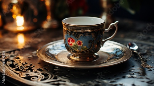 An antique teacup  adorned with intricate patterns  on an ornate silver tray