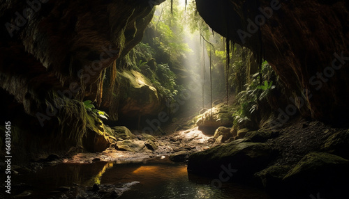 Deep tropical ravine, majestic cliff, flowing water, blurred motion generated by AI