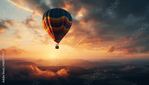 Multi colored hot air balloon flying high in nature beauty generated by AI © Stockgiu