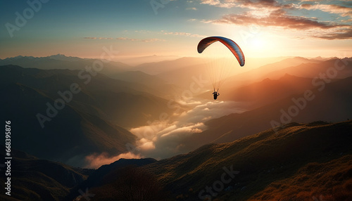 Men flying high up in the mountain range, gliding with parachutes generated by AI
