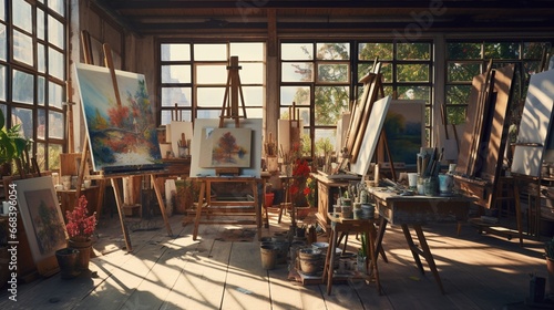 an artist's loft with wooden easels, canvases, and works in progress, capturing the essence of creative expression in a sunlit space