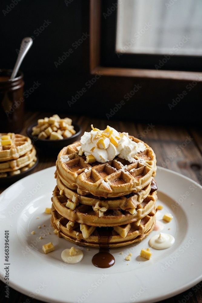a stack of waffles with whipped cream and syrup on a plate a stack of waffles with whipped cream and syrup on a plate